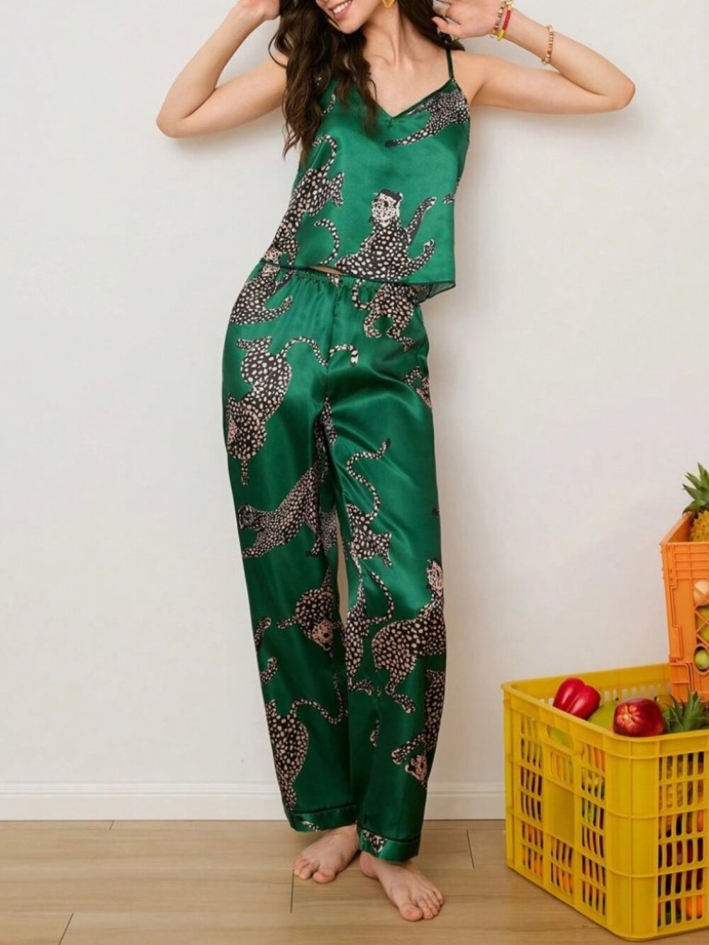 Green Leopard Print Satin Cami Pajama Set